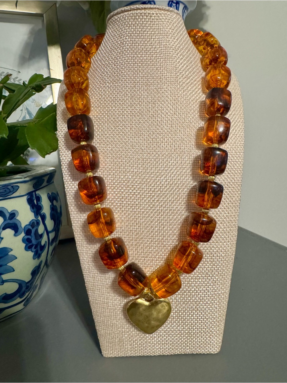 Amber Bead Necklace with Gold Heart Pendant - Women Jewelry